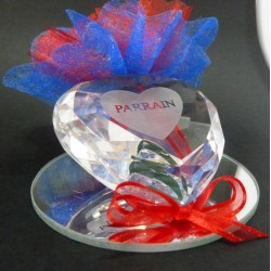 coeur sur miroir taillé parrain + gravure + bonbonniere